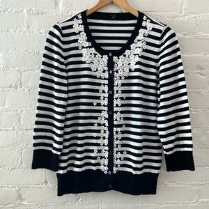Talbots Black White Stripe Button Up Knit Cardigan Floral appliqué Cottage Large